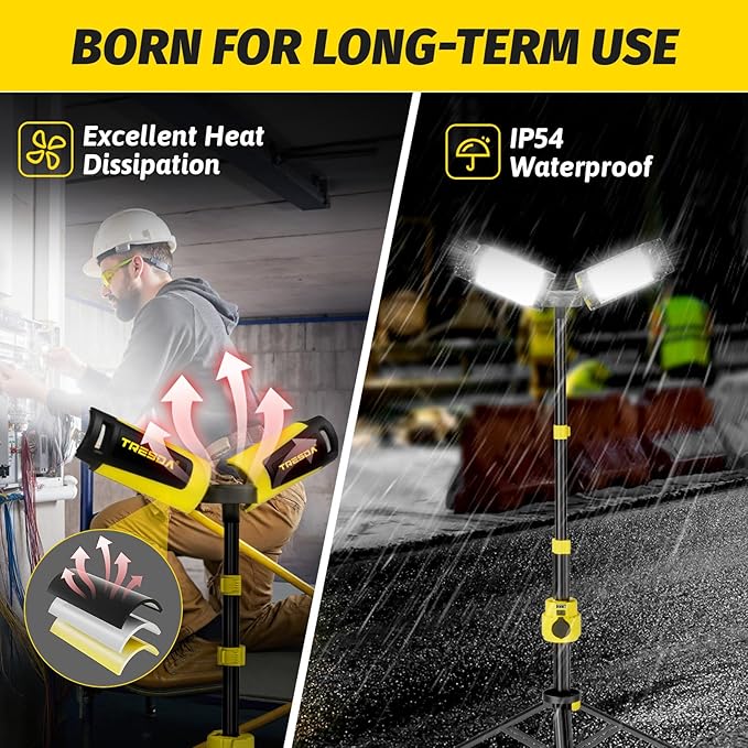Dual-Head LED Work Light with Stand, 2025 Pro+ 12000LM Corded or Battery Rechargeable Telescopic Tripod Worklights, Portable Construction Flood Light for Job Site Workshop Garage ﻿