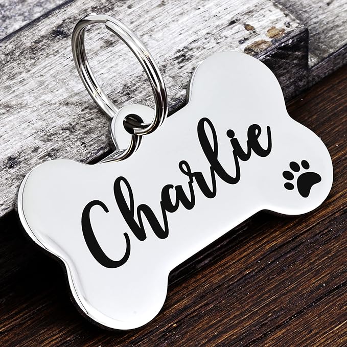 Ultra Joys Personalized Dog Tags for Pets - Durable Stainless Steel Customizable Dog Cat ID Tags - Dog Tags for Safety Optional Engraved on Both Sides -Bone Shape Dog Tag Small Size, Silver