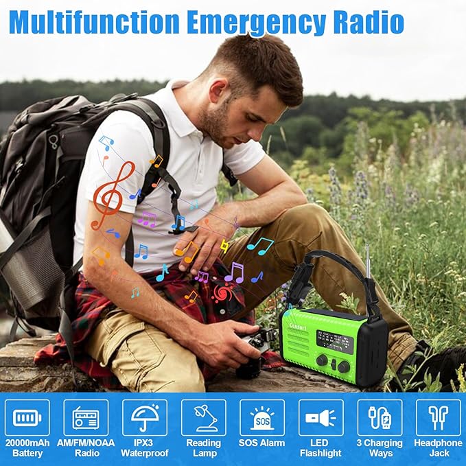 20000mah Emergency Radio, Solar Hand Crank Portable AM FM NOAA Radios, Rechargeable Battery, SOS Alarm, Flashlight, Reading Lamp for Home Outdoor Emergency