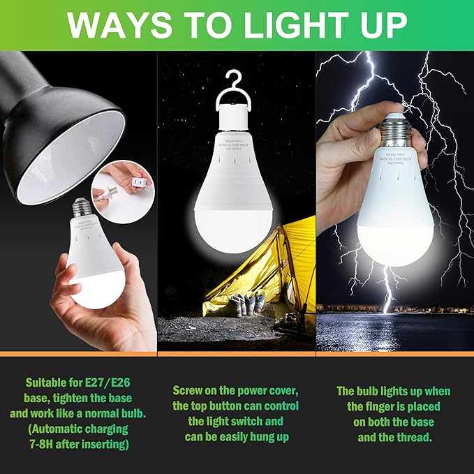 4 Pack Rechargeable Emergency Light Bulbs, Battery Powered Energy Efficient LED Light Bulb 6000K Daylight E26 120 Volt 9W 60W Equivalent with 1200mAh for Home Power Outage Camping Hurricane