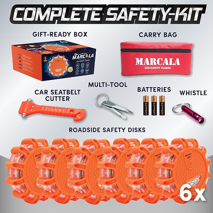 Marcala LED Road Flares Emergency Lights 6‑Pack | Roadside Safety Disc & LED Safety Flare | Roadside Hazard Emergency Kit w/Boat Flare Kit | Batteries, Case & Whistle Included | Feel Safe on Road