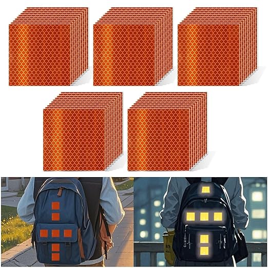 Non Fading Orange Reflective Stickers 3 inch X 3 inch, Outdoor Waterproof High Visibility Warning Safety Adhesive Reflector Tape (50 Pcs)