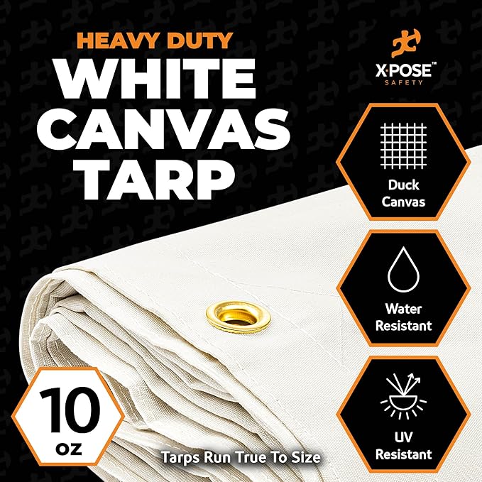Xpose Safety 10oz White Canvas Tarps 8' x 12' – Bulk Half Pallet (36 Packs) – Multipurpose Heavy Duty Water-Resistant Tarpaulin with Brass Grommets for Camping, Canopy & Equipment Protection