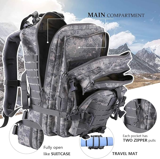 MOLLE Assault Backpack, Tactical Backpack Army Military Camping Rucksack, 3-Day Pack Travel Trip w/USA Flag Patch, D-Rings, ACU Camo
