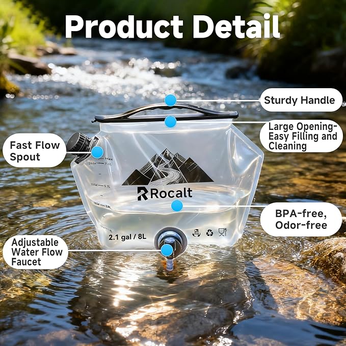 Rocalt 2 Pack Collapsible Water Container, 2.1Gallon BPA Free Water Storage Carrier Jug with Spigot, Foldable Camping Portable Water Bag with Wide Filler Opening for Hiking, Survival & Emergency