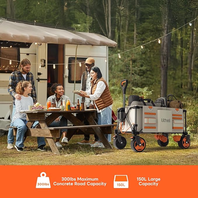 Litheli Electric Wagon Cart with 2 Batteries, All-Terrain Wheels & Variable Speed | 150L Capacity, 300 lbs Heavy-Duty Utility Wagon for Camping Beach Garden Shopping, Beige