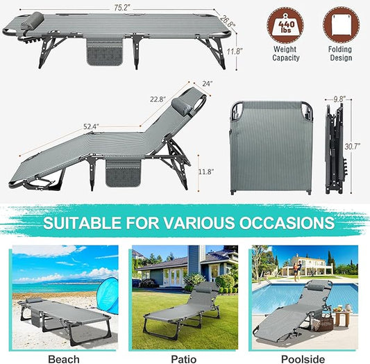 ABORON Patio Lounge Chair, Folding Guest Bed Cot for Adults, 500LB Heavy-Duty Capacity, Portable Extra Bed with Comfort Mat, Quick Fold Design for Indoor Guest Stays & Temporary Use