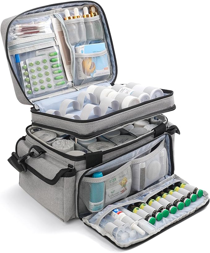 Medicine Organizer with Adjustable Divider, Double-Layer Medicine Bottle Organizer Storage, Portable Home Health First Aid Bag, Medicine Organizer Box for Emergency Medications (Bag Only)