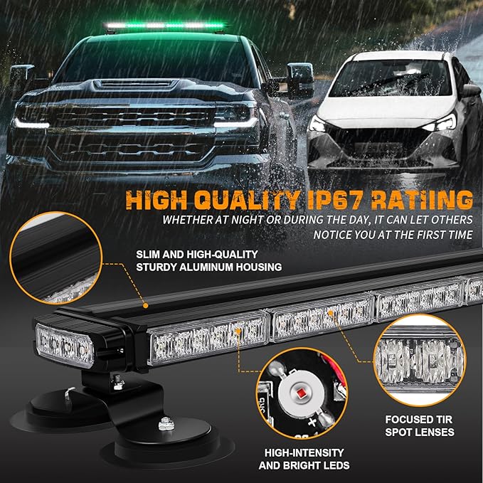 XRIDONSEN 28.4" 80 LED Green White Roof Emergency Light Bar Top Firefighter Lights Warning Flashing Safety Beacon Double Side Magnetic First Responder Strobe Lights for Vehicles Fire POV Trucks