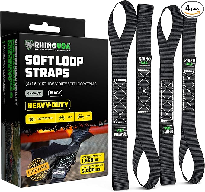 Rhino USA Soft Loop Tie Down Straps (4-Pack) - 1.6 Inch x 17 Inch (5,000 lbs Break Strength) Heavy Duty Motorcycle Handlebar Straps for use with Ratchets for ATV, UTV, Dirt Bike (Black)