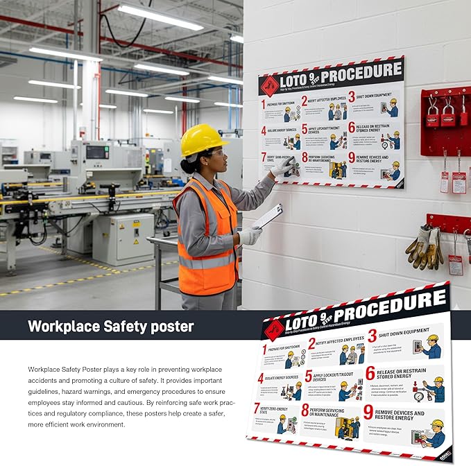 LOTO 9-Step Procedure Poster – OSHA Lockout Tagout Hazardous Energy Control Chart, Step-By-Step LOTO Training Guide for Industrial Safety, Maintenance & OSHA Compliance
