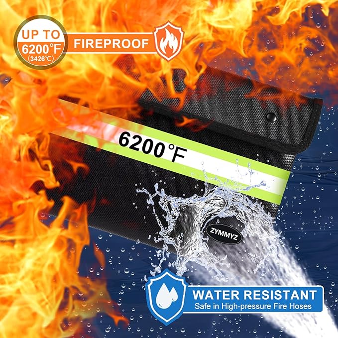 Fireproof Document Bag with Water Resistant Zipper,6200°F Heat Insulated Fire Proof Pouch with Soft Leather Hand Strap,Fire and Waterproof Envelope for Cash,Documents,Jewelry