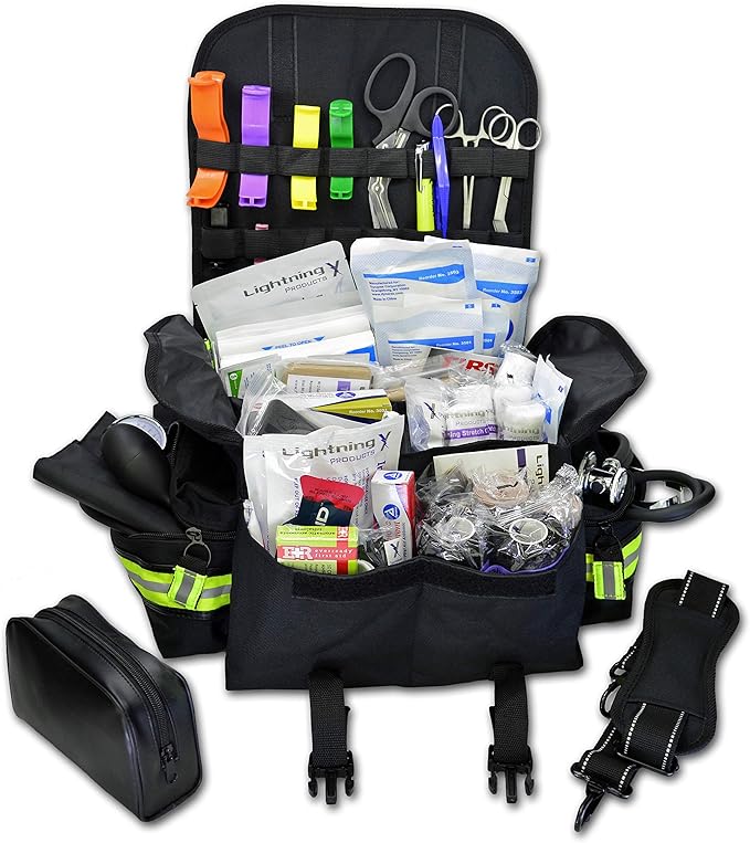 Lightning X Personalized First Responder EMT EMS Trauma Bag w/Stocked First Aid Fill Kit B & Custom Embroidered Name Patch (Black)