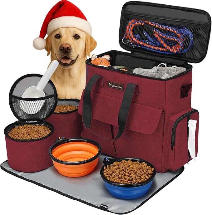 Airline Approved Pet Travel Bag, Weekend Travel Set for Dog and Cat, Airline Approved Tote Organizer with Multi-Function Pockets, 2 Dog Food Storage Containers, 2 Collapsible Bowls (Rose Red)