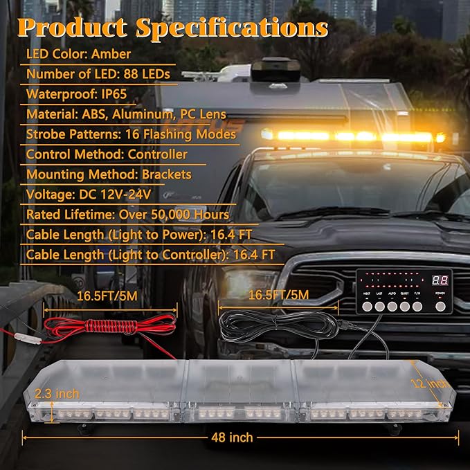 48 Inch 88 LED Amber Emergency Light Bar Super Bright Rooftop Strobe Lights Waterproof Hazard Warning Roof Top Flashing Light Bar for Tow Truck Construction Vehicle (Yellow, DC 12-24V)