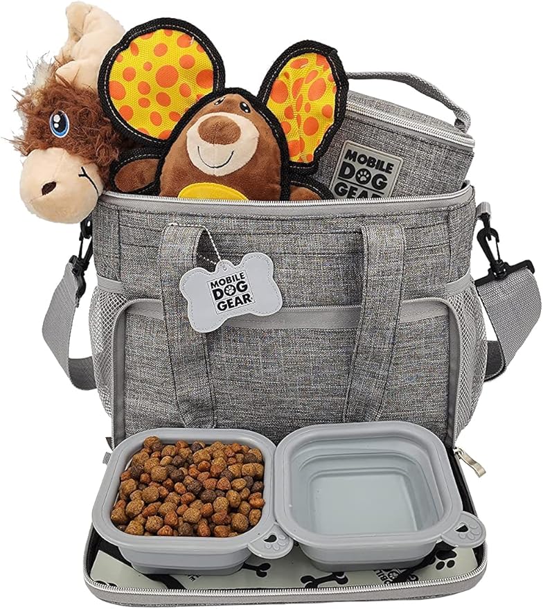 Mobile Dog Gear Week Away Dog Travel Bag (12"x6"x11", Heathered Gray) - Includes 2 Pet Food Storage Containers + 2 Collapsible Dog Water Bowls - Airline Approved Accessories, Great for Weekend Trips
