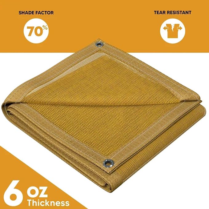 UV Resistant Tan Mesh Tarps 6' x 10' - Rip & Tear Proof Resistant Polyethylene Mesh for Plant Garden, Greenhouse House Patio, Car, Truck, Boat or RV, 70% Sunblock Shade