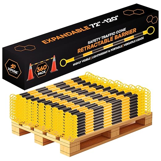 Retractable Barrier for Safety Traffic Cones - 2" OD - Large Yellow and Black Bar Barricade - for Road Construction, Parking, Warning, Temporary Security Divider (360, Yellow & Black, 72" x 120")