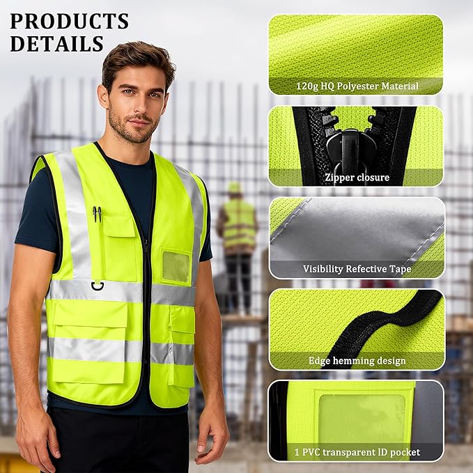 Custom Safety Vest with Logo, High Visibility Reflective Personalized Vest with Pockets for Men Women Construction
