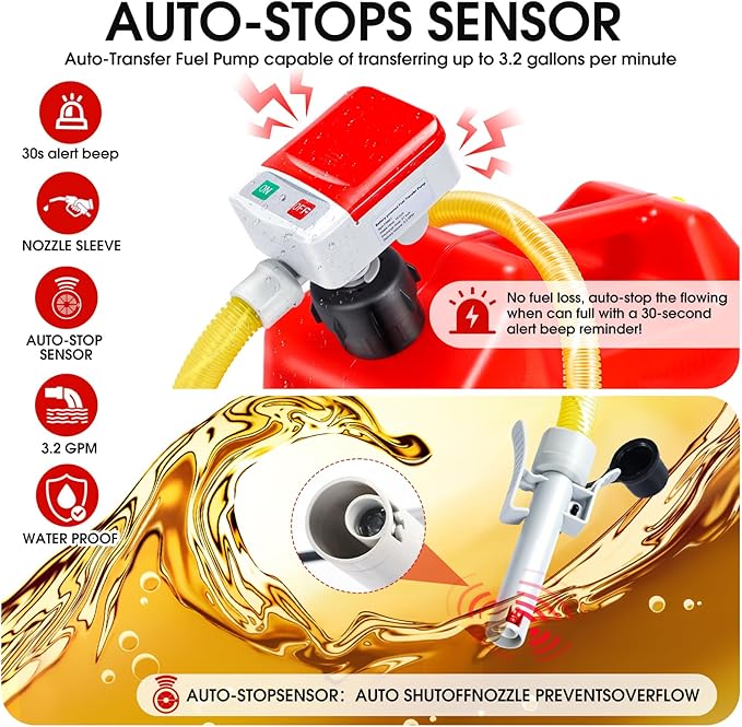 Fuel Transfer Pump with Auto-Stop Sensor-3.2GPM,Overfill Protection, 30s Alert Beep,51"Hose Transfer Pump Battery Powered with 4 Tank Adapter,Portable Liquid Pump with Nozzle for Gasoline,Diesel,Oil