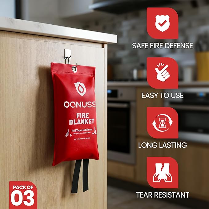 Emergency Fire Blanket 40x40 Inch - 3 Pack Fiberglass Fireblanket with Hook & Gloves | Fire Safety Blanket for Kitchen, Home, Garage, Camping