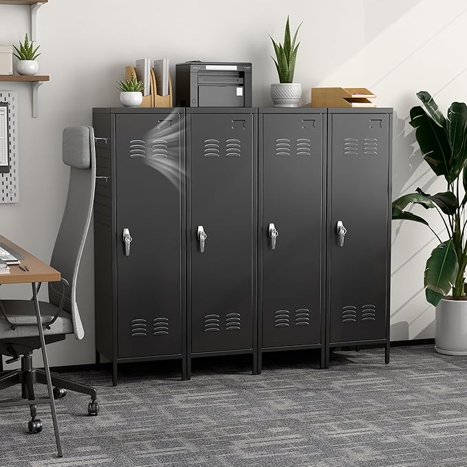 Lockable Metal Lockers with Handle,Metal Storage Locker with 2 Pegboard & 5 Hooks for Home,Office,School,Black,Required Assembly