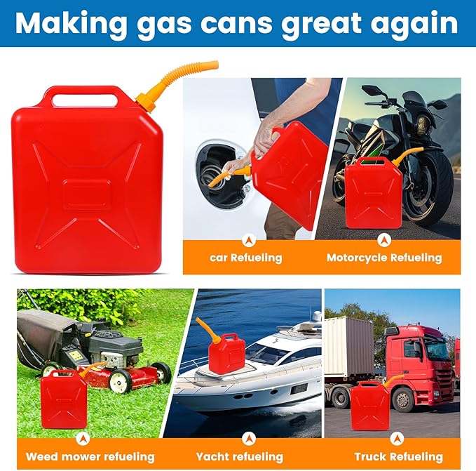 Gas Can Spout Replacement 5 Kits, 1/2/5/10 Gallon Gas Can Nozzle Replacement, Leak Proof, HDPE Material, Yellow, 8 Inch Flexible Nozzles, Spout Cover, Base Cap, Screw Collar Caps, Drill Bit