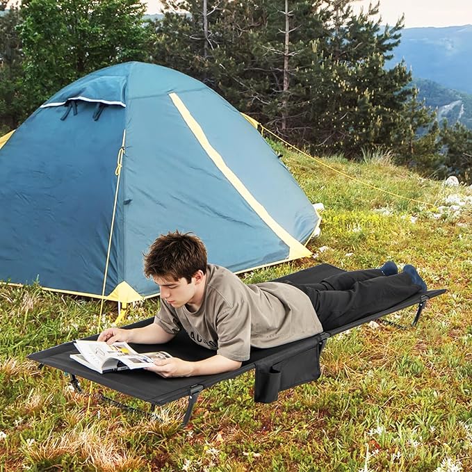 GYMAX Ultralight Camping Cot for Adults, Portable Folding Camping Bed w/Side Pocket, Carry Bag, Compact Sleeping Cot for Outdoor Backpacking Travel Hiking Mountaineering Home Beach, Supports 330 LBS