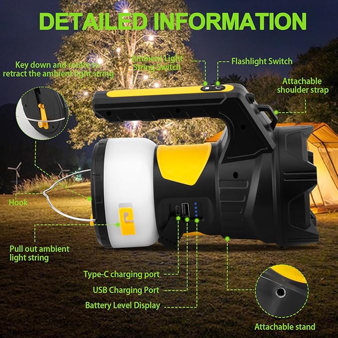 LED Camping Lantern Rechargeable, Camping Flashlight Spotlight 1200LM, 47.6FT Fairy Lights 6 Light Modes for Holiday Decoration, Emergency, Hiking, Power Outages, Camping Essentials
