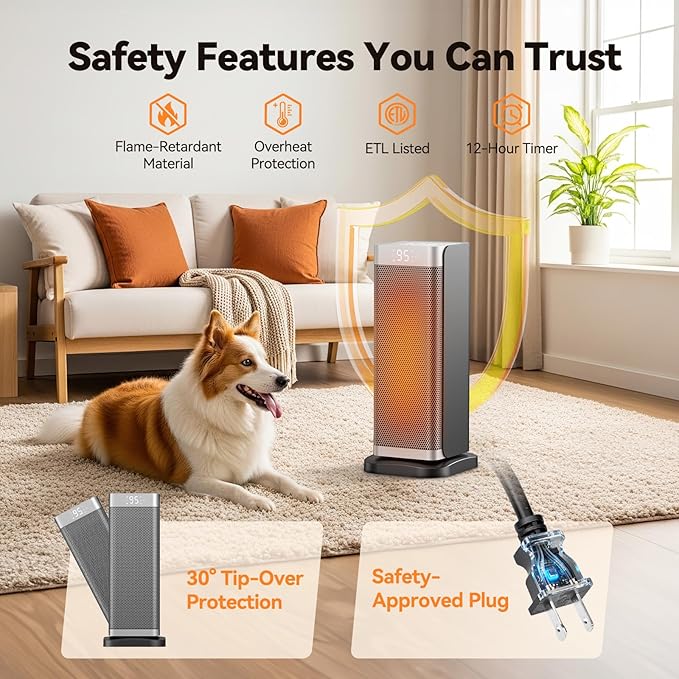 Space Heaters for Indoor Use, 1500W Electric Heater with Thermostat, 70° Oscillation, Remote Control, 3 Modes, 12H Timer, Portable Heater for Bedroom, Office, Home