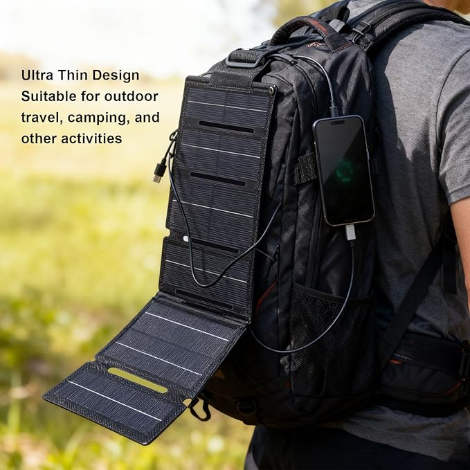 25W ETFE Foldable Solar Panel Ultra Thin Monocrystalline Portable Solar Charger with Innovative 5 Fold Design for Outdoor Camping, Hiking, Travel, Smartphones, USB Devices