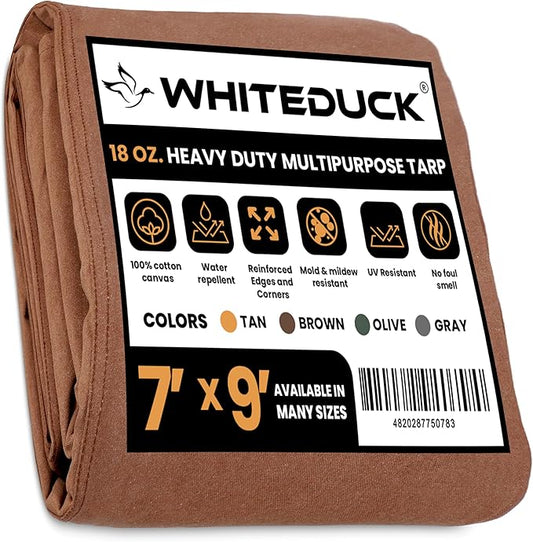 WHITEDUCK Canvas Tarp 18 oz. Heavy Duty Waterproof UV Resistant, Rustproof Grommets, Industrial & Commercial Use Cloth Tarp (Cut Size: 7'x9', Finished Size: 6'6" x8'6", Brown)