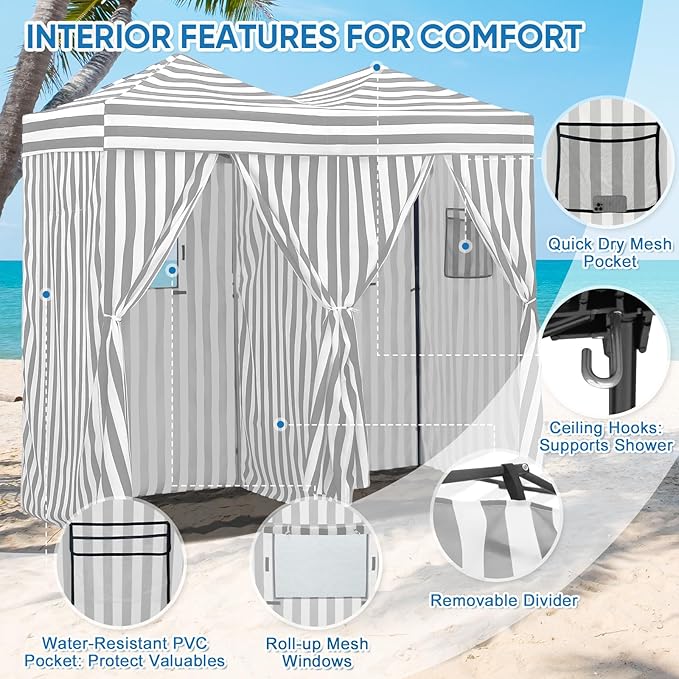 EAGLE PEAK Outdoor Changing Room 8x4, 2 Room Pop Up Portable Changing Room, Sun Shelter, Pop Up Changing Tent for Beach or Pool,Portable Dressing Room for Photoshoots (Gray/White)