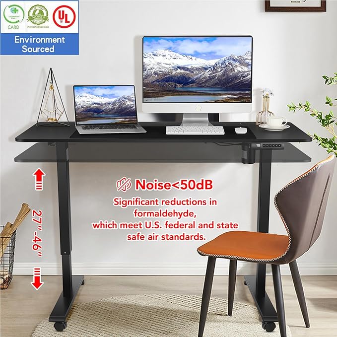 Electric Standing Desk with Wheels, 63'' x 24'' Standing Desk Adjustable Height with Charging Station, 2 USB Ports, 3 Power Outlets, 4 Caster, 27''-46'' Lifting Range Stand up Desk(Black)