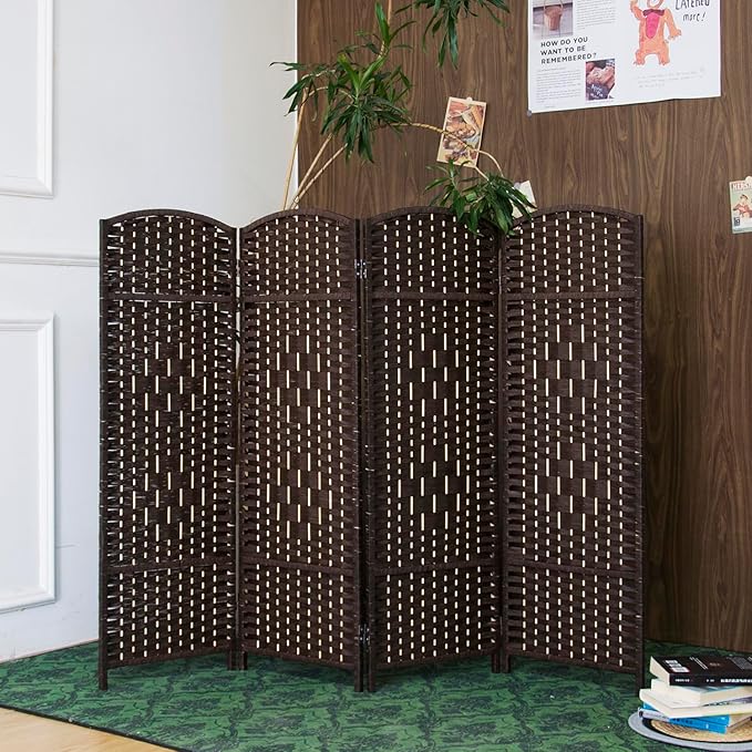 4 Panel Rattan Divider Short Room Partition Screen,Double Sided Folding Divider for Room Separation,Dark Brown,47.2" H x 63" W