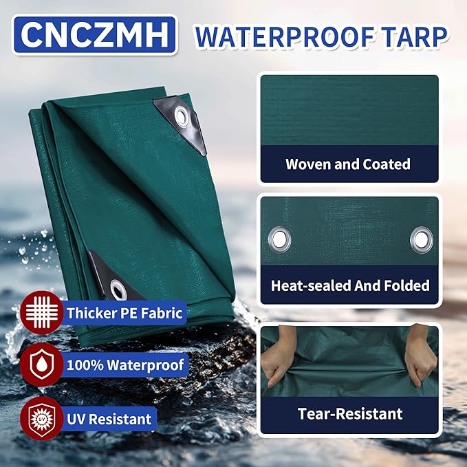 Tarp Waterproof 14x30 Feet, 8 Mil Thick Finished Size Green Poly Tarpaulin Outdoor, Metal Grommets, Reinforced Edges, Multipurpose Tarps Protective Cover for Camping Boat Plant