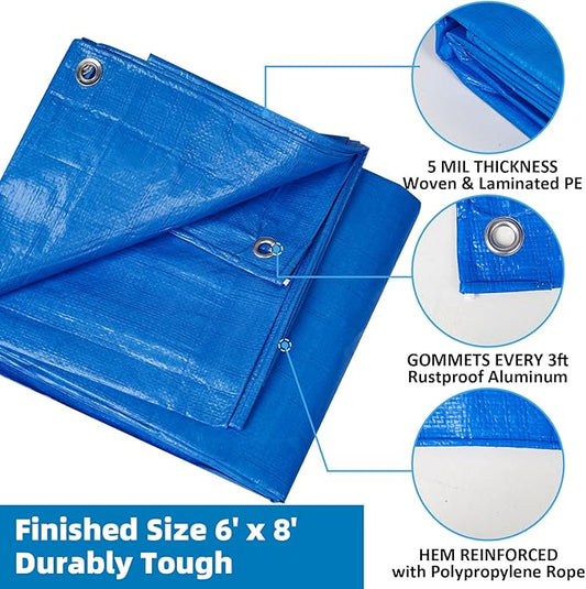 Double-Sided Waterproof Poly Tarp 6x8 Feet 5mil Thick Polyethylene Tarps, Perfect for Outdoor Use, Plastic Cover & Mat for Tent Camping Storage Boat Bikes Vehicles, 2 Pack