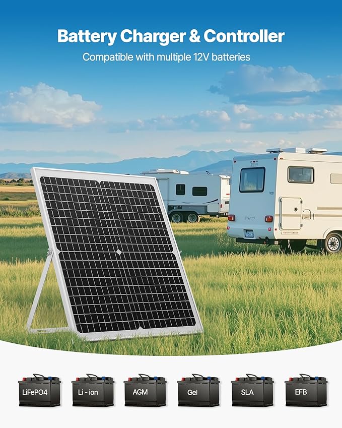 VEVOR 30W 12V Solar Panel Battery Charger, Solar Battery Trickle Charger Maintainer with Intelligent MPPT Controller & Adjustable Mount Bracket, IP67 Waterproof for Car Boat RV Motorcycle Trailer