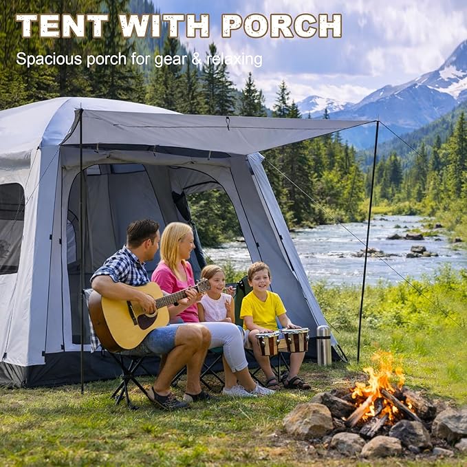 8-10 Person Camping Tent, Large Family Cabin Tents with Porch & Rainfly, Double Layer Waterproof Glamping Tent with 2 Rooms 3 Doors, Portable Big Tents for Outdoor Camping Hiking Party