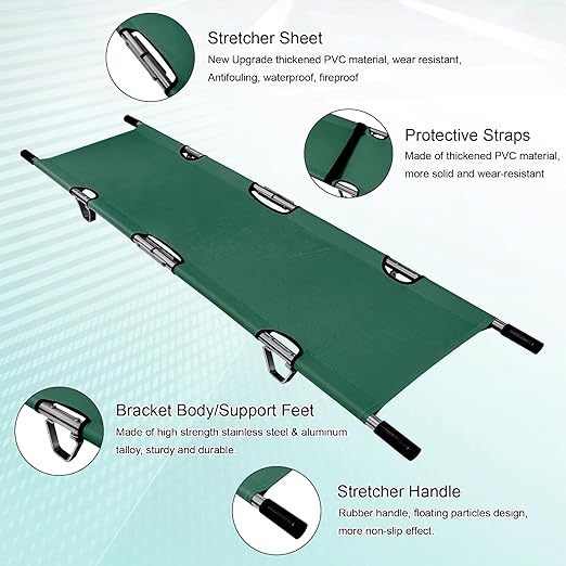 Folding Stretcher for Medical Emergency with Heavy Duty Handles, Straps and Carrying Case, High-Grade Aluminum Alloy Portable Travel Emergency Medical Stretcher for Patient Transport (Green)