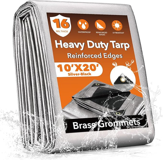 10x20FT Waterproof Tarp, Yumatum 16 Mil Heavy Duty Tarps with Reinforced Edges/Brass Grommets, 100% UV Blocking/Tear Resistant Poly Tarp for Camping, Patio, Tent, Boat(Silver/Black)