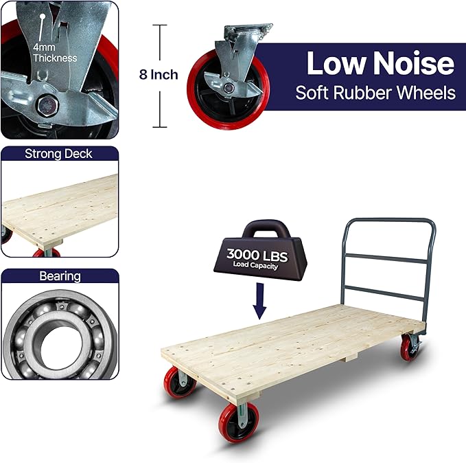 Heavy Duty Hardwood Flatbed Platform Cart – 60” x 30” Industrial Dolly Hand Push Truck with 3000Lb Capacity, 8'' Swivel Locking Wheels – Super Heavy Duty Commercial Moving