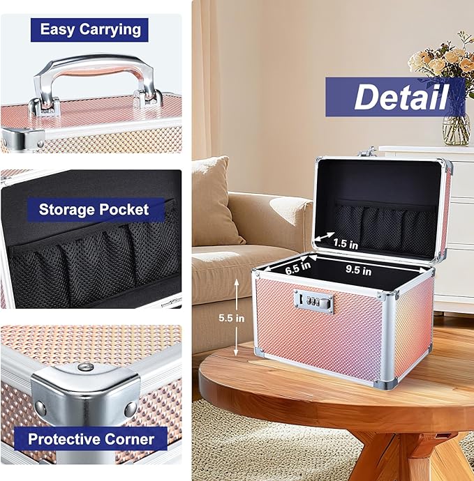 Adazzo Lockable Storage Box, Cabinet Safe Case Organizer with Combination Lock for Medications and Small Valuables, 10 x 7 x 9 Inches, Shiny Gold