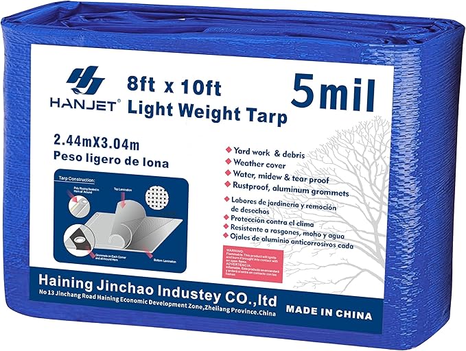 Heavy Duty Tarp Waterproof Outdoor Tarps Multi-Purpose Tear and Rip Proof UV Resistant Blue Tarpaulin with Reinforced Grommets and Edges (5mil, 8' x 10')