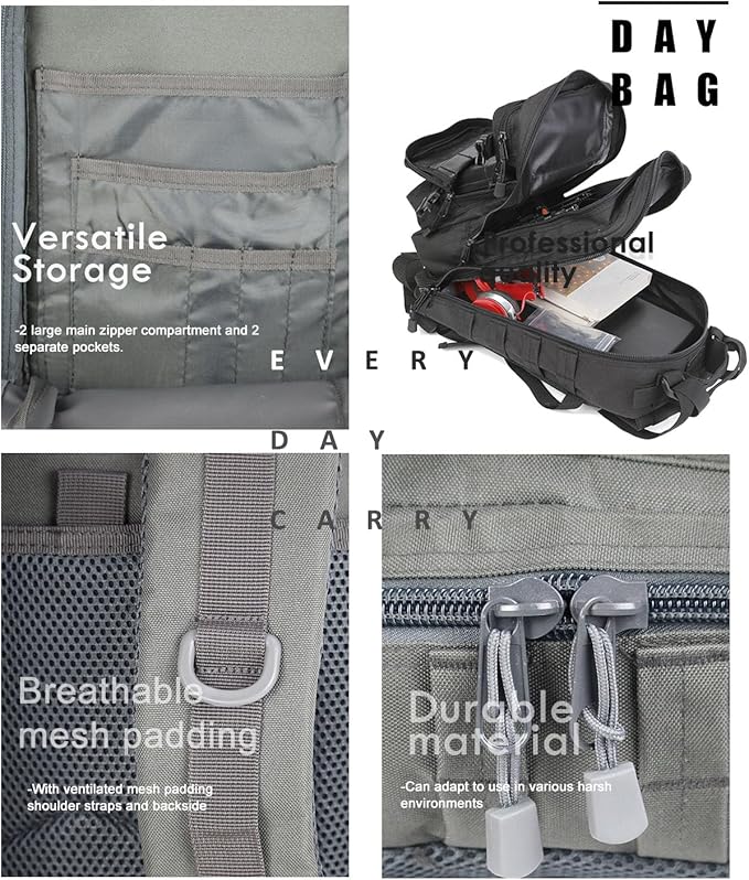 Small Tactical Backpack Military Daypack - 30L Backpack for Men Molle Assault Pack Bug Out Bag for Hiking Camping (Grey)