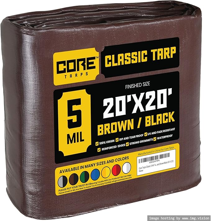 Core Tarps Classic 5 Mil Tarp Cover, Waterproof, UV Resistant, Rip and Tear Proof, Poly Tarpaulin with Reinforced Edges for Roof, Camping, Patio, Pool Cover, Boat (Brown/Black 20′ X 20′)