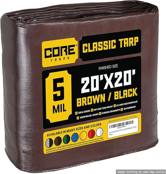 Core Tarps Classic 5 Mil Tarp Cover, Waterproof, UV Resistant, Rip and Tear Proof, Poly Tarpaulin with Reinforced Edges for Roof, Camping, Patio, Pool Cover, Boat (Brown/Black 20′ X 20′)