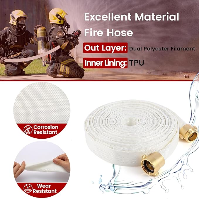 Fire Hose, 1-1/2" ID x 100 FT Firefighter Hose, White Industrial Flat Water Hose with M x F NST/NH Brass Couplings for Indoor Outdoor Fire, Home Garden Irrigation