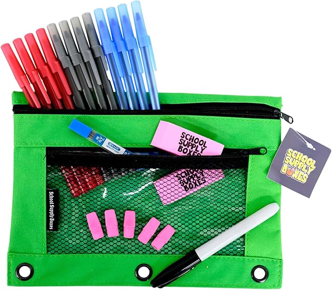 High School & College Pencil Bag Kit (6 Pack) – Pens, Erasers, Lead Refill & Permanent Marker – Pre-Filled School Supply Pouch for Teens & Adults – Study-Ready Zip Kit
