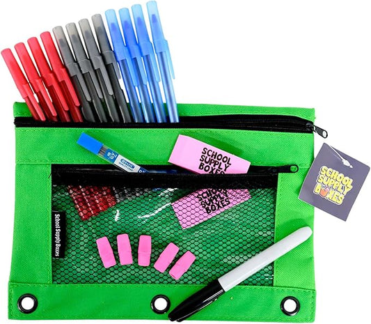 High School & College Pencil Bag Kit (6 Pack) – Pens, Erasers, Lead Refill & Permanent Marker – Pre-Filled School Supply Pouch for Teens & Adults – Study-Ready Zip Kit